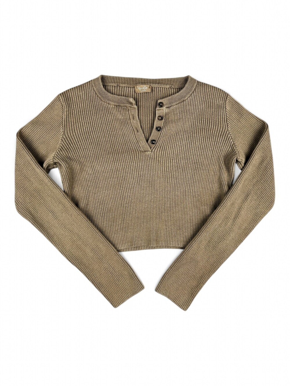 John Galt Ribbed Cropped Henley Sweater XS Taupe